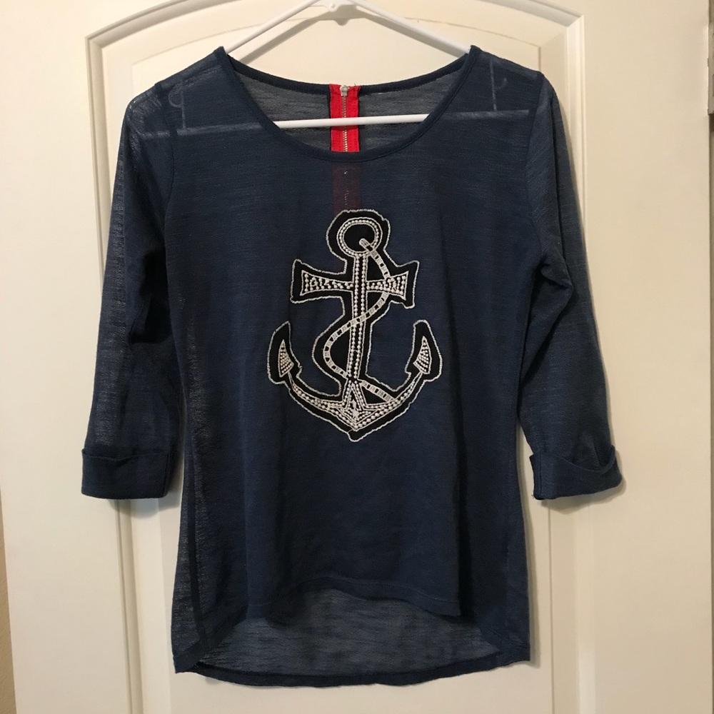 Navy Blue Anchor Shirt w/ Red Zipper